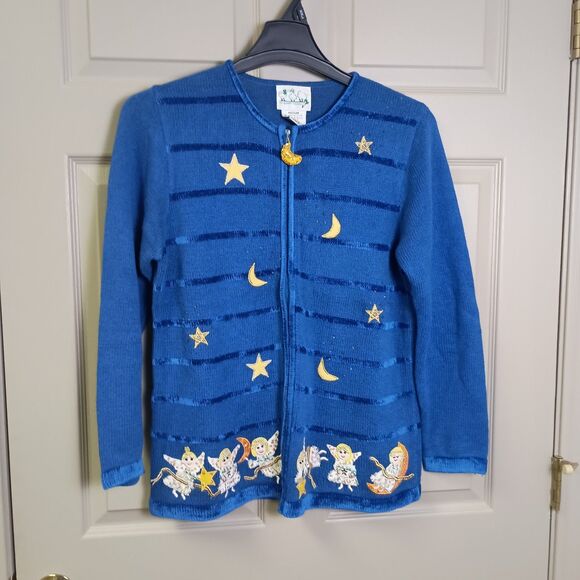The Quacker Factory Womens Sweater Size Medium Blue Angels Full Zip Nighttime - Picture 1 of 6